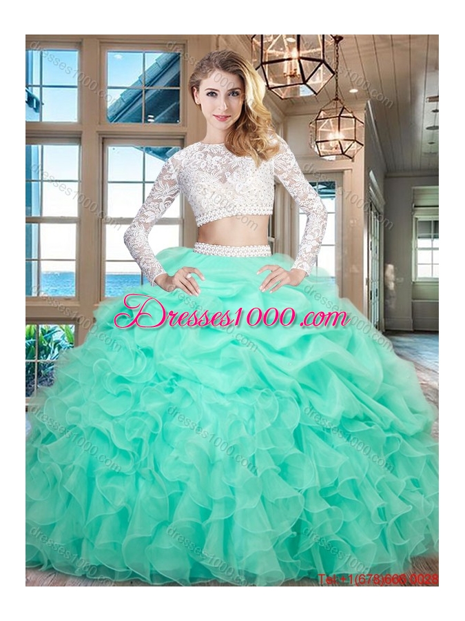 Elegant Two Piece Ruffled and Bubble Mint Quinceanera Dress with Long Sleeves