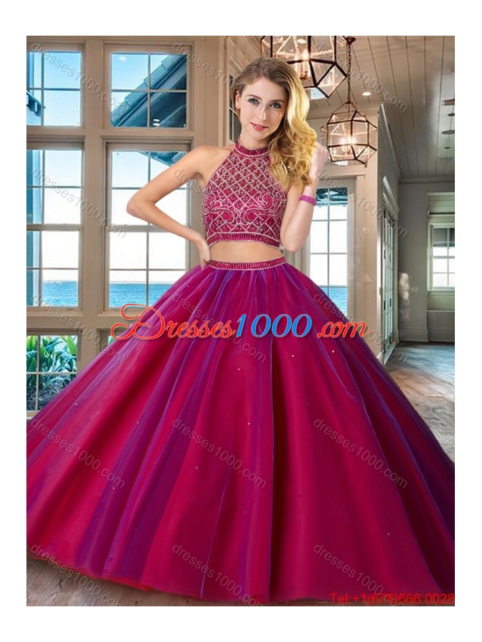 Fashionable Backless Halter Top Fuchsia Quinceanera Dress with Brush Train