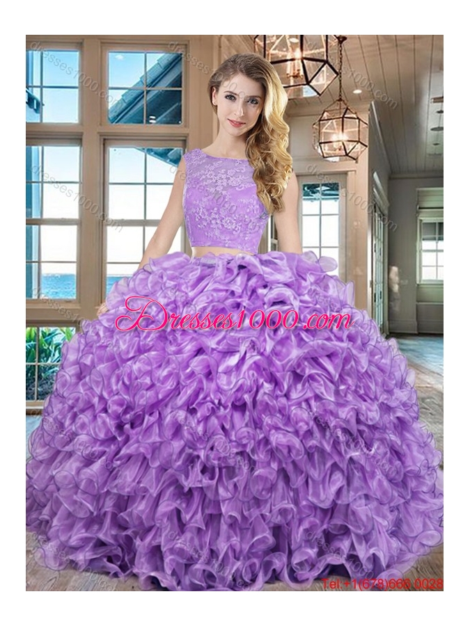 Hot Sale Two Piece Laced Floor Length Lavender Quinceanera Dress in Organza