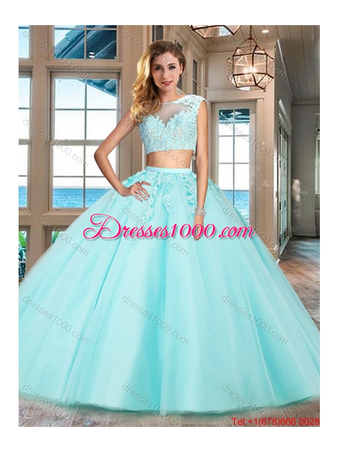 Hot Sale Zipper Up Applique Aqua Blue Quinceanera Dress with Cap Sleeves