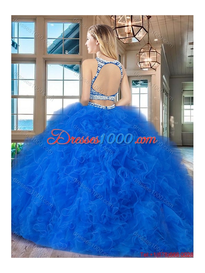 Modern Two Piece Ruffled and Beaded Quinceanera Dress with Brush Train