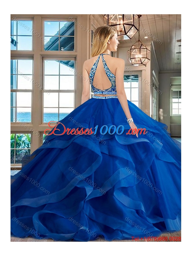 Pretty Beaded and Ruffled Brush Train Quinceanera Dress in Royal Blue