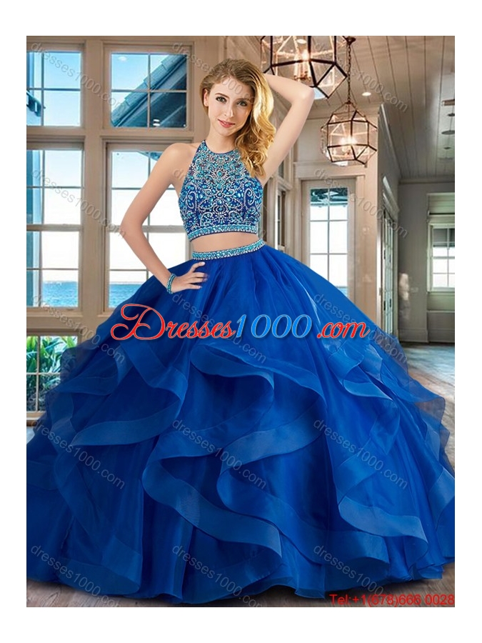 Pretty Beaded and Ruffled Brush Train Quinceanera Dress in Royal Blue
