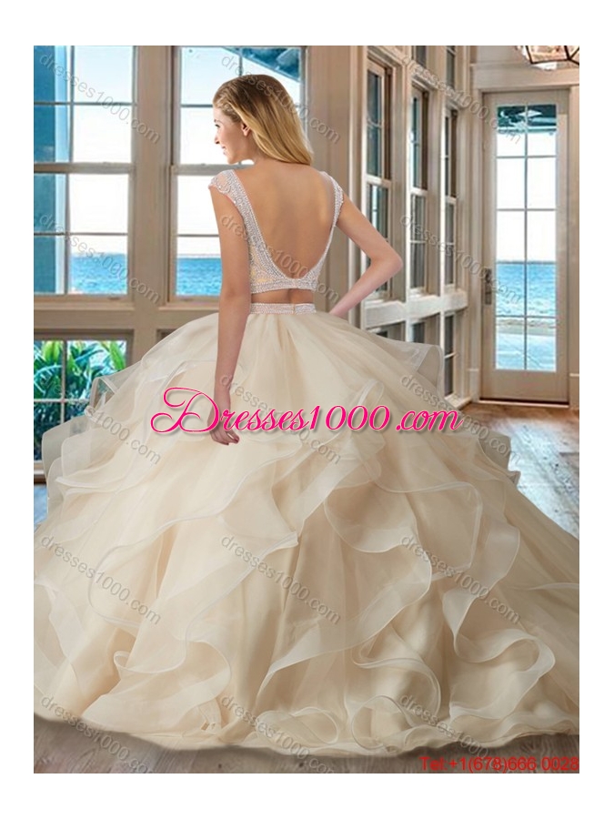 Pretty Puffy Scoop Brush Train Backless Two Piece Quinceanera Dresses with Cap Sleeves