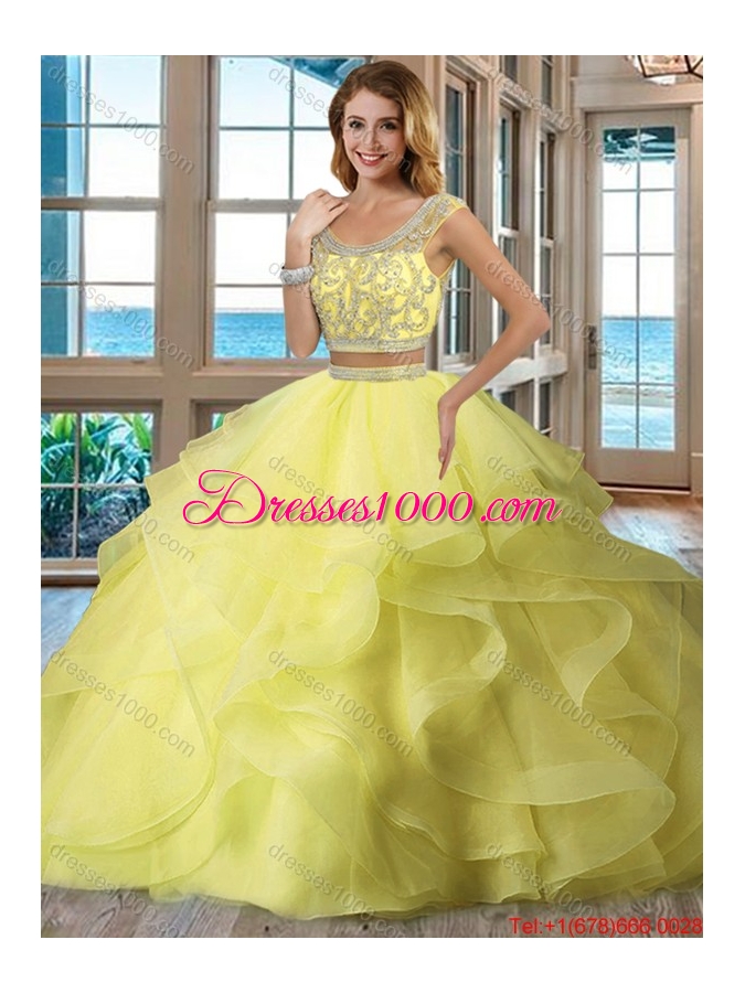Pretty Puffy Scoop Brush Train Backless Two Piece Quinceanera Dresses with Cap Sleeves