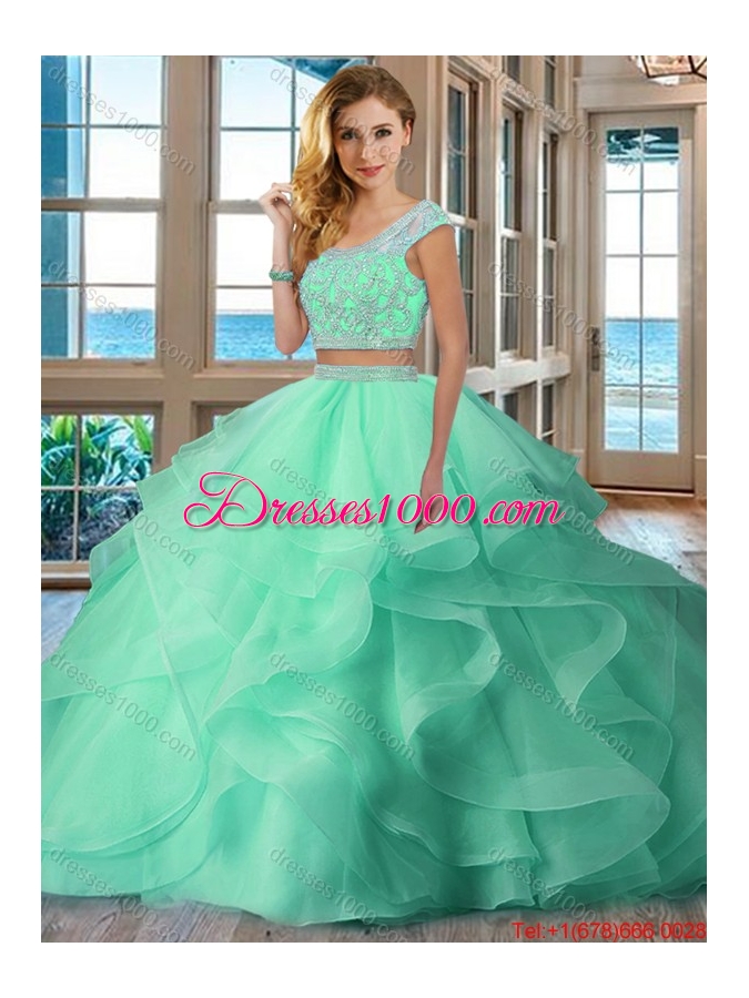 Pretty Puffy Scoop Brush Train Backless Two Piece Quinceanera Dresses with Cap Sleeves