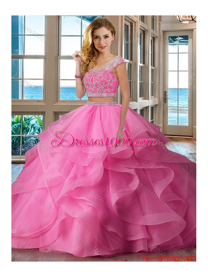 Pretty Puffy Scoop Brush Train Backless Two Piece Quinceanera Dresses with Cap Sleeves