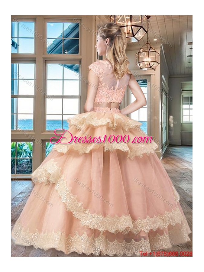 Pretty Two Piece Ruffled Layers and Lacework Quinceanera Dress in Tulle