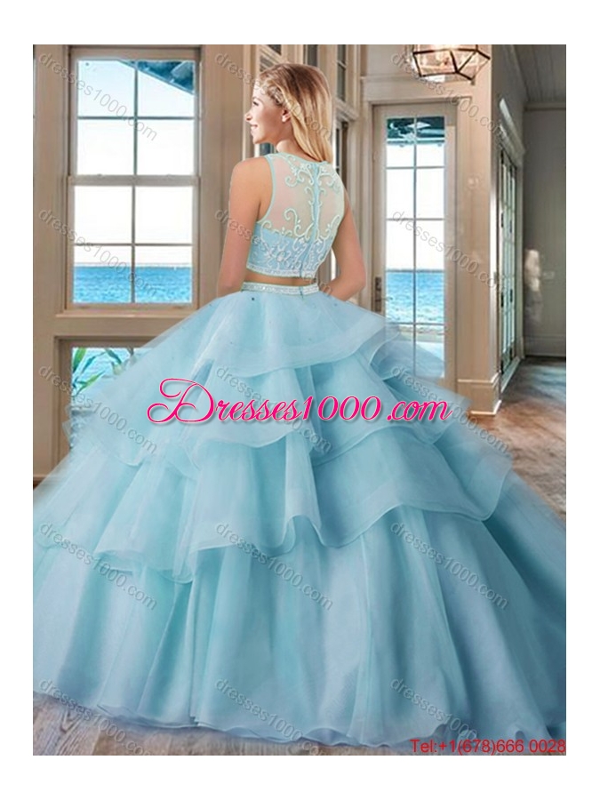 See Through Scoop Brush Train Tulle Aqua Blue Two Piece Quinceanera Dresses with Beading and Appliques