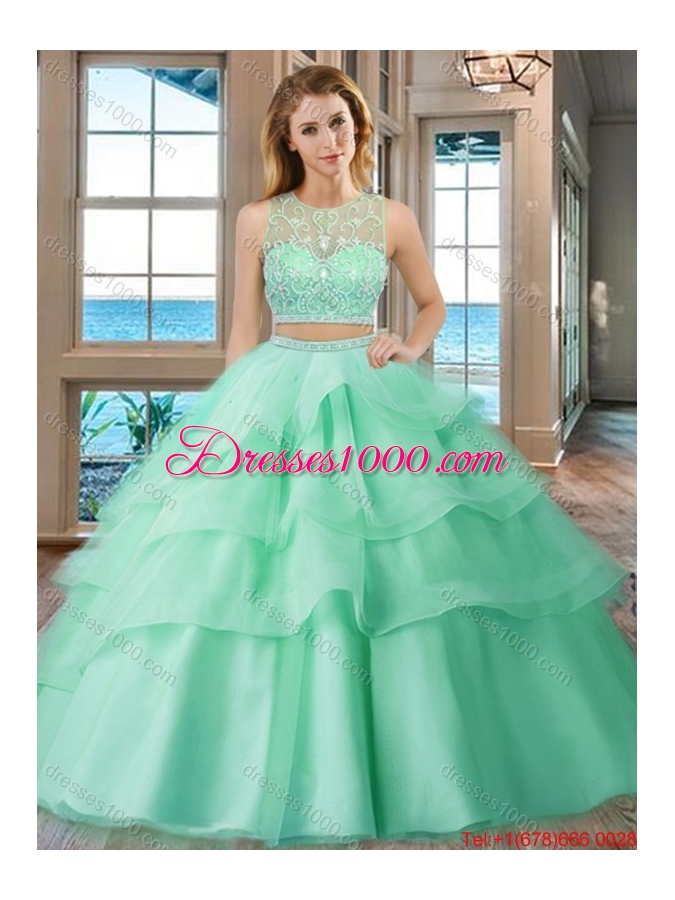 See Through Scoop Brush Train Tulle Aqua Blue Two Piece Quinceanera Dresses with Beading and Appliques