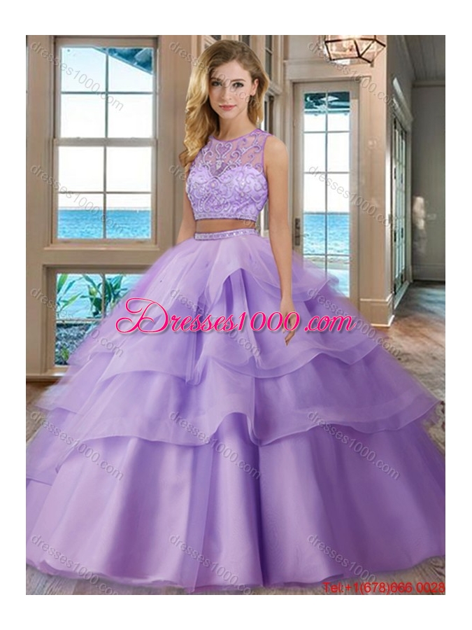 See Through Scoop Brush Train Tulle Aqua Blue Two Piece Quinceanera Dresses with Beading and Appliques