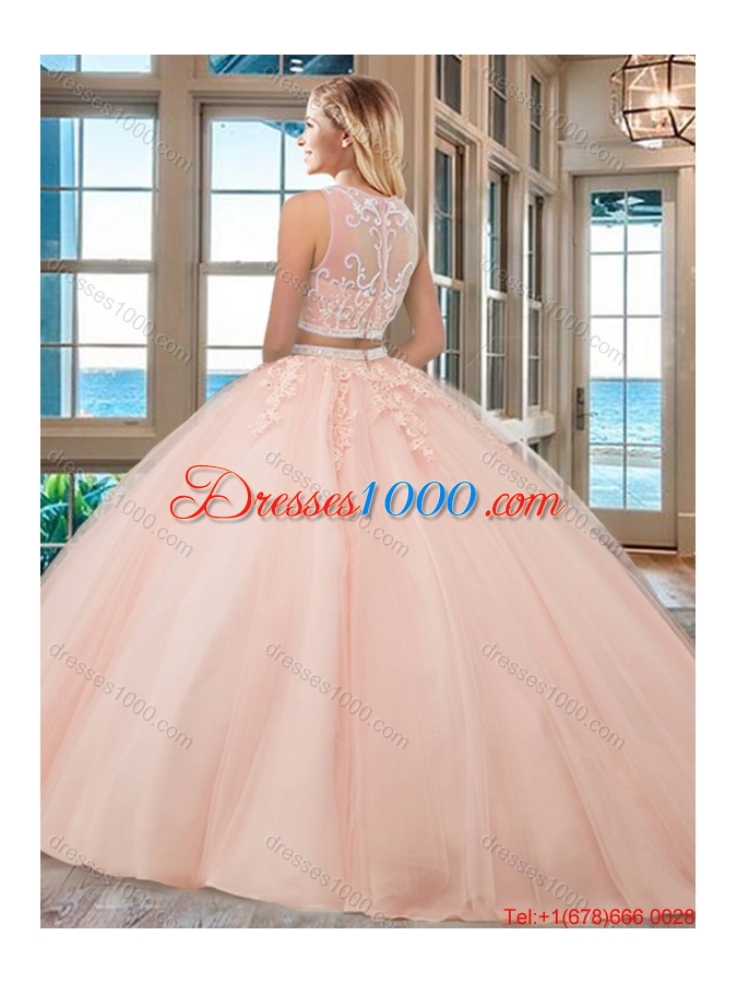 See Through Two Piece Scoop Brush Train Aqua Blue Quinceanera Dresses with Beading and Appliques