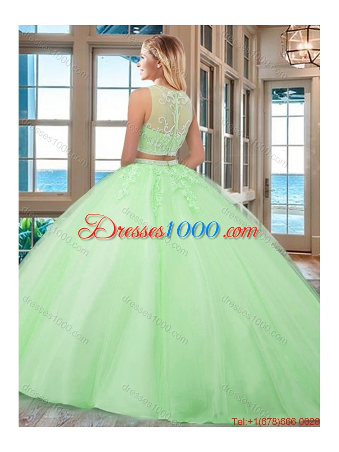 See Through Two Piece Scoop Brush Train Aqua Blue Quinceanera Dresses with Beading and Appliques
