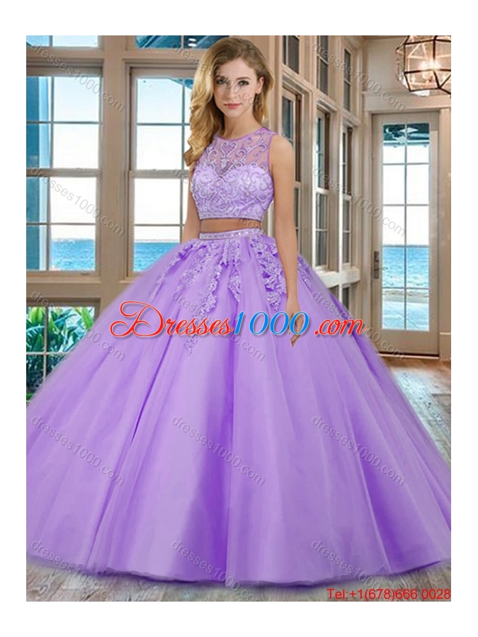 See Through Two Piece Scoop Brush Train Aqua Blue Quinceanera Dresses with Beading and Appliques