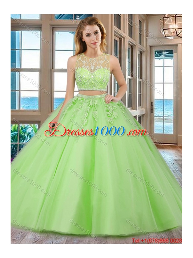 See Through Two Piece Scoop Brush Train Aqua Blue Quinceanera Dresses with Beading and Appliques
