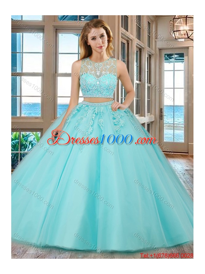See Through Two Piece Scoop Brush Train Aqua Blue Quinceanera Dresses with Beading and Appliques