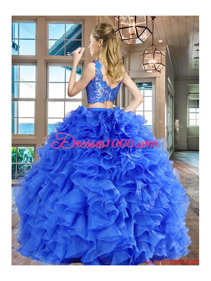 Simple Two Piece Ruffled and Laced Hot Pink Quinceanera Dress in Organza