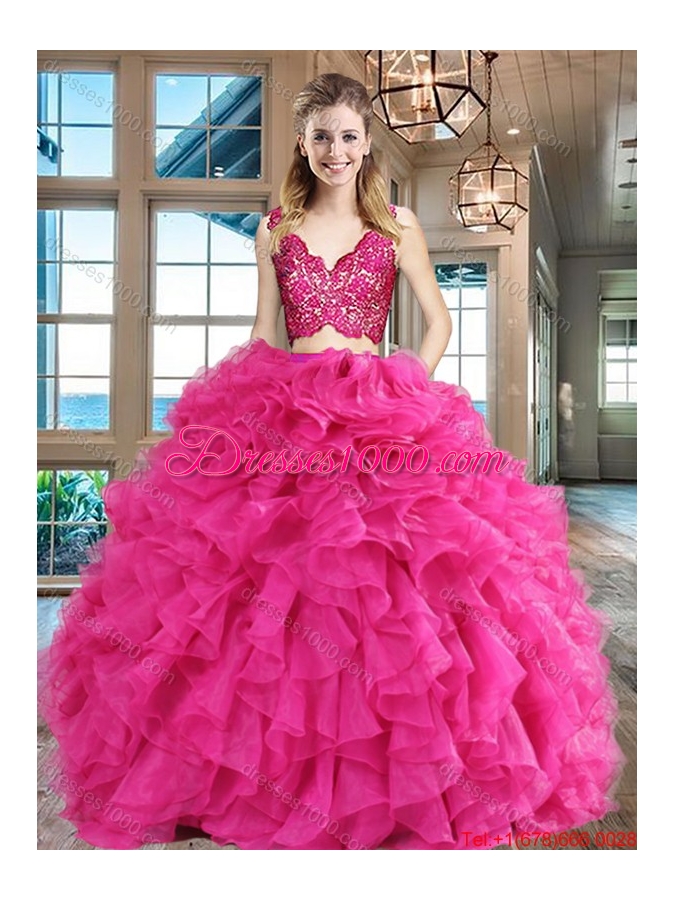 Simple Two Piece Ruffled and Laced Hot Pink Quinceanera Dress in Organza