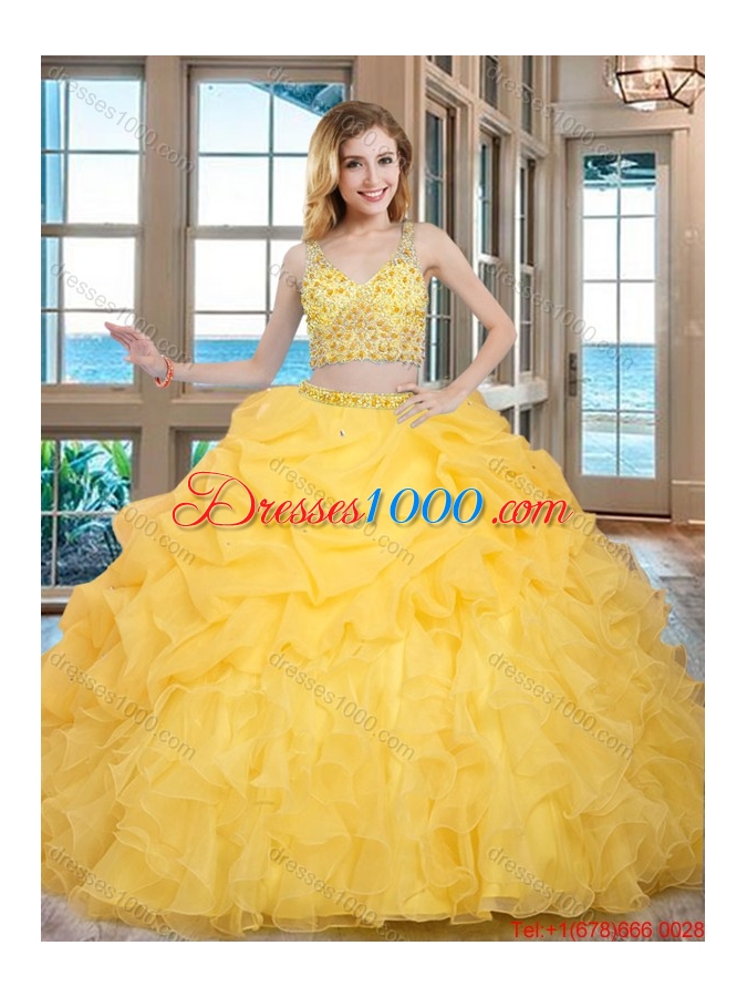 Two Piece Ball Gown V Neck Organza Beaded and Bubbled Quinceanera Dresses in Baby Blue