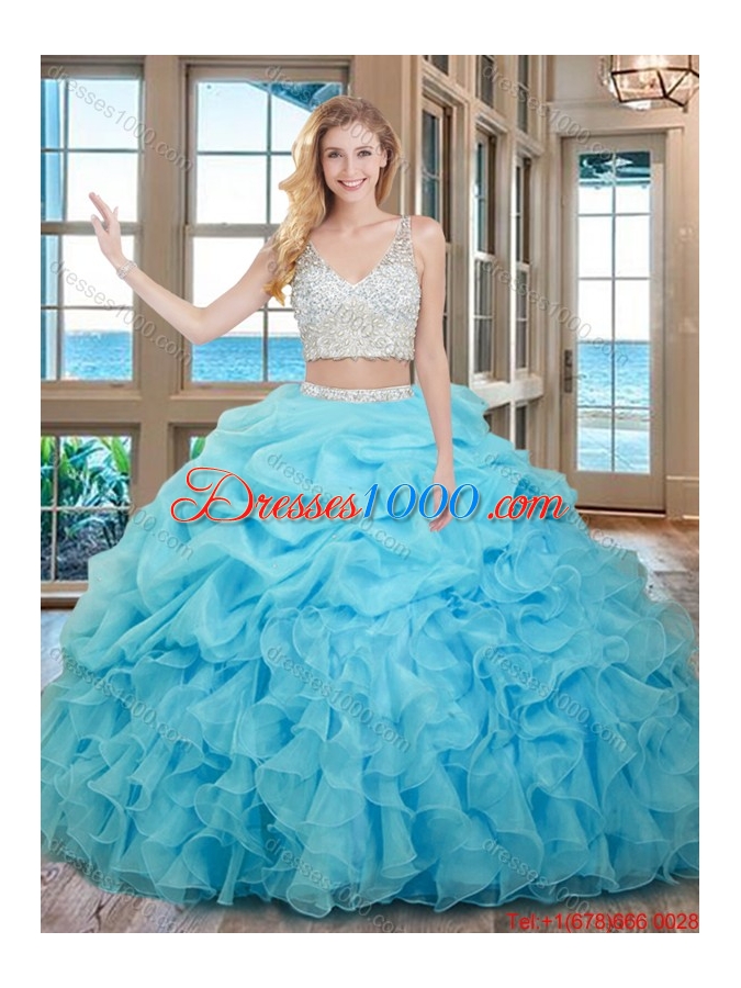 Two Piece Ball Gown V Neck Organza Beaded and Bubbled Quinceanera Dresses in Baby Blue