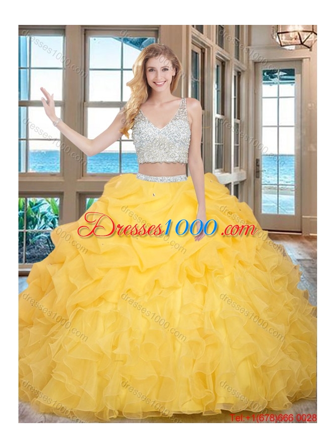 Two Piece Ball Gown V Neck Organza Beaded and Bubbled Quinceanera Dresses in Baby Blue