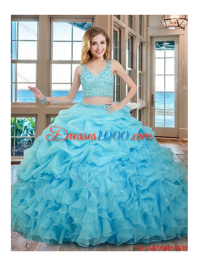 Two Piece Ball Gown V Neck Organza Beaded and Bubbled Quinceanera Dresses in Baby Blue