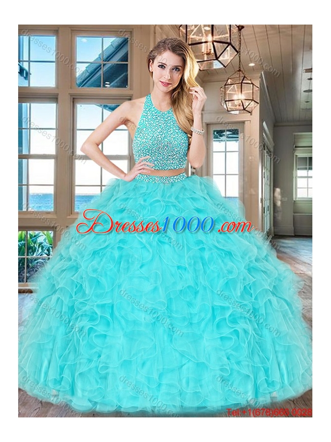 Two Piece Big Puffy Aqua Blue Quinceanera Dress with Ruffles and Beading