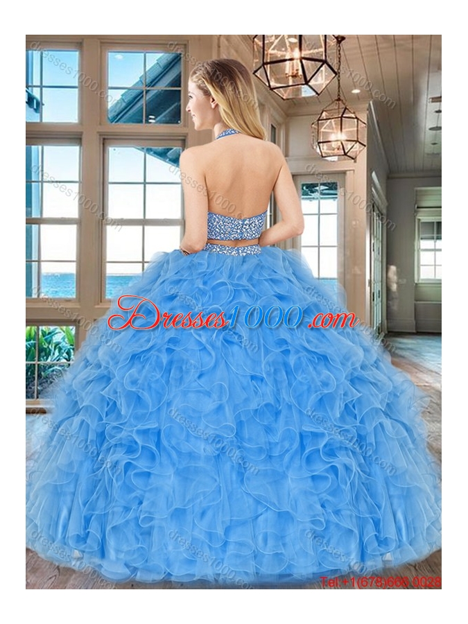 Two Piece Big Puffy Aqua Blue Quinceanera Dress with Ruffles and Beading