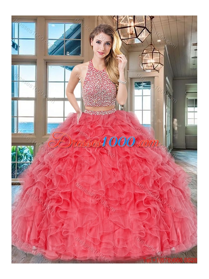 Two Piece Big Puffy Aqua Blue Quinceanera Dress with Ruffles and Beading