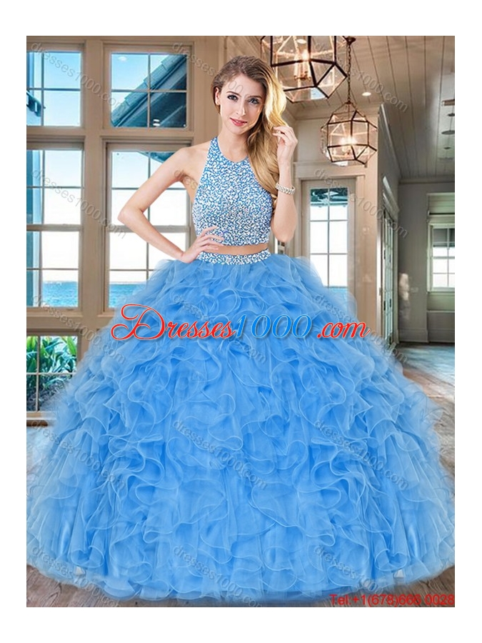 Two Piece Big Puffy Aqua Blue Quinceanera Dress with Ruffles and Beading