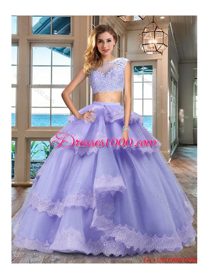 Unique Two Piece Lavender Quinceanera Dress with Lacework and Ruffled Layers
