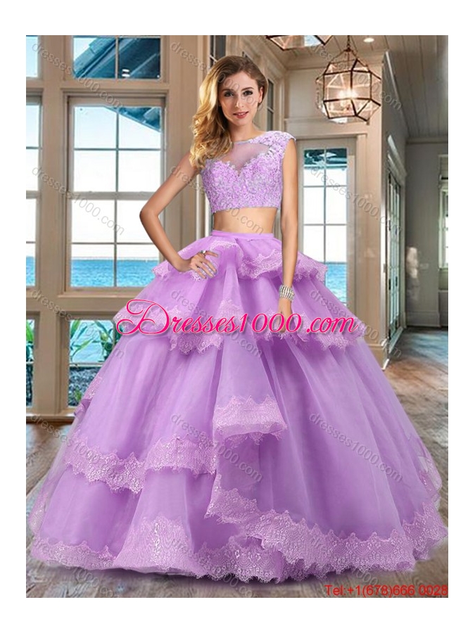 Unique Two Piece Lavender Quinceanera Dress with Lacework and Ruffled Layers