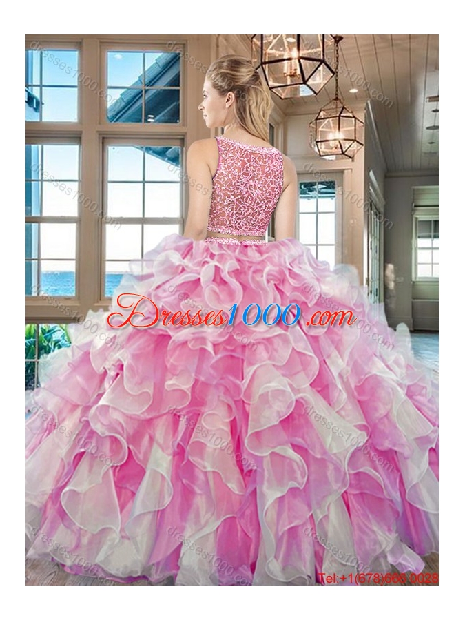 Wonderful See Through Bateau Ruffled and Beaded Quinceanera Dress in Aqua Blue
