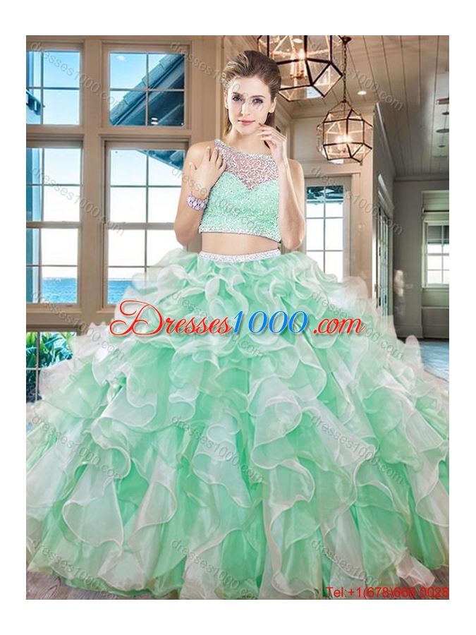 Wonderful See Through Bateau Ruffled and Beaded Quinceanera Dress in Aqua Blue