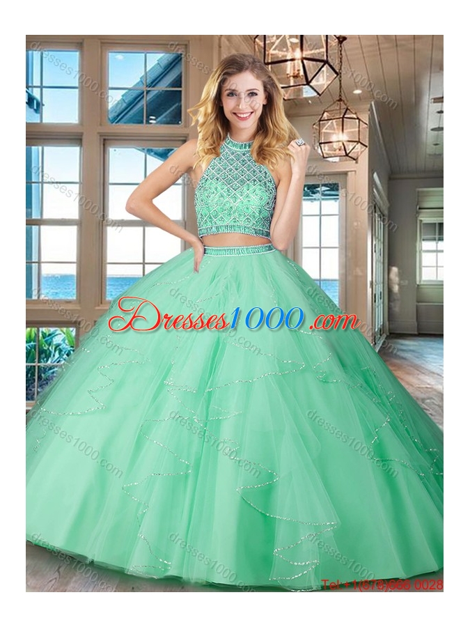 Affordable Two Piece Halter Top Backless Mint Quinceanera Dress in Tulle