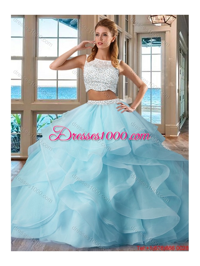 Beautiful Ball Gown Brush Train Side Zipper Light Blue Quinceanera Dresses with Bateau