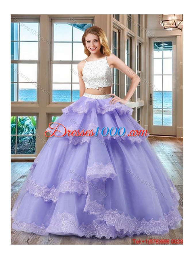 Cheap Straps Beaded Two Piece Backless White and Purple Two Piece Quinceanera Dresses