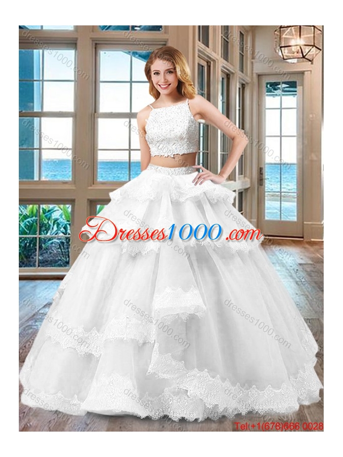 Cheap Straps Beaded Two Piece Backless White and Purple Two Piece Quinceanera Dresses