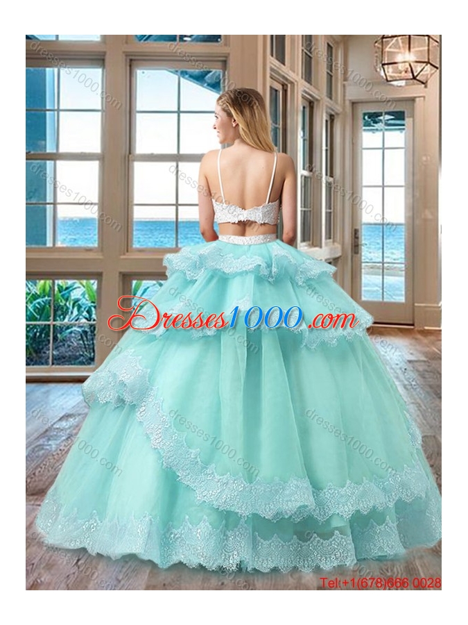 Cheap Straps Beaded Two Piece Backless White and Purple Two Piece Quinceanera Dresses