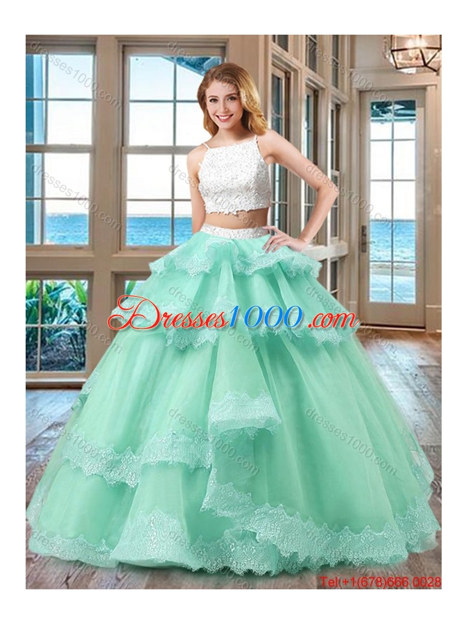 Cheap Straps Beaded Two Piece Backless White and Purple Two Piece Quinceanera Dresses