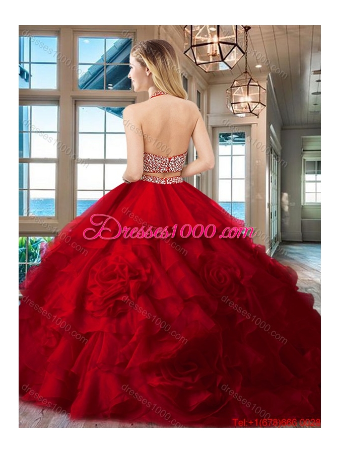 Exclusive Halter Top Brush Train Quinceanera Dress with Ruffles and Beading