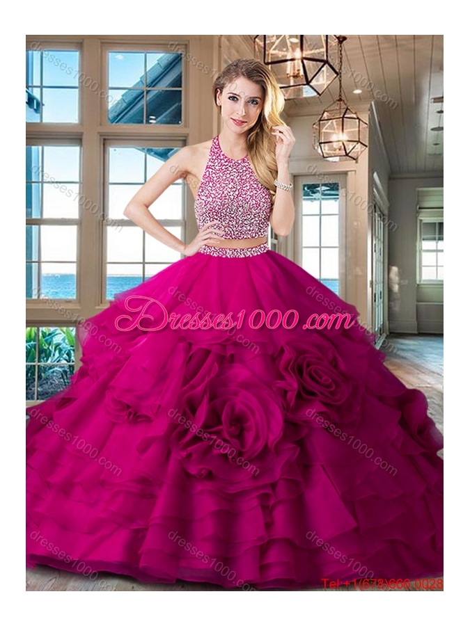 Exclusive Halter Top Brush Train Quinceanera Dress with Ruffles and Beading