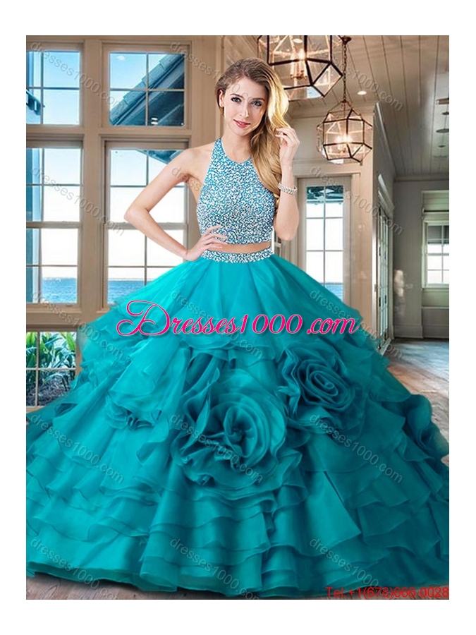 Exclusive Halter Top Brush Train Quinceanera Dress with Ruffles and Beading