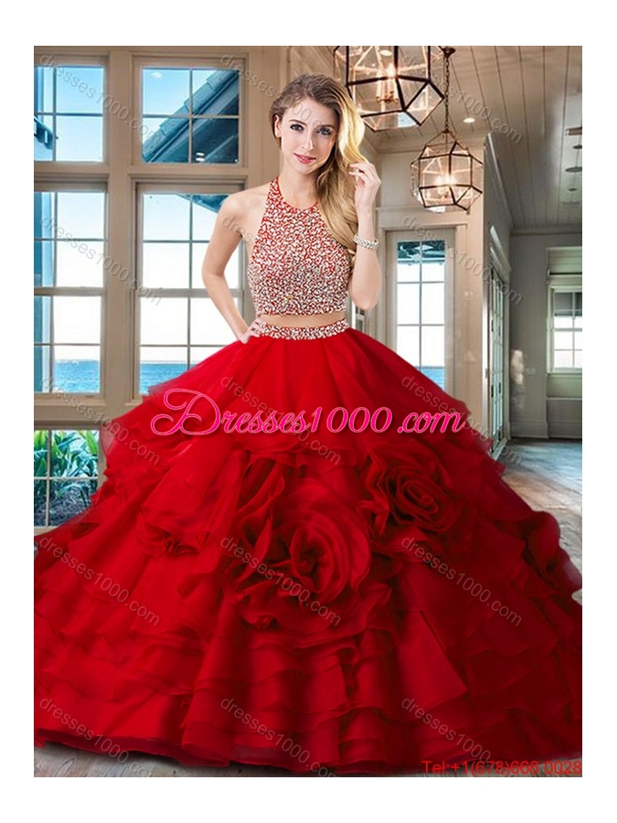 Exclusive Halter Top Brush Train Quinceanera Dress with Ruffles and Beading