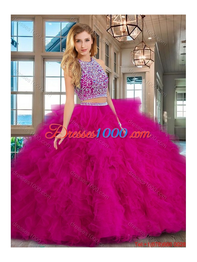 Exclusive Two Piece Ruffled Beaded Bodice Tulle Quinceanera Dress in Fuchsia