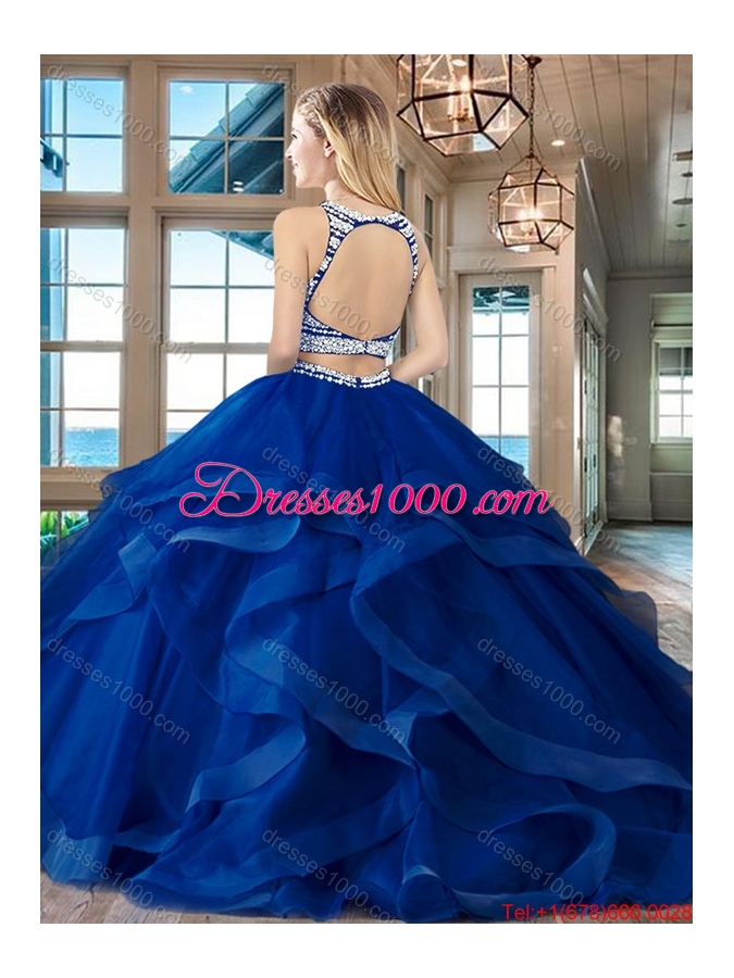 Fashionable Beaded Bodice and Ruffled Brush Train Quinceanera Dress in Fuchsia