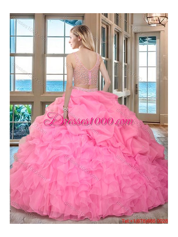 Luxurious Puffy V Neck Two Piece Mint Quinceanera Dresses with Beading and Bubbles