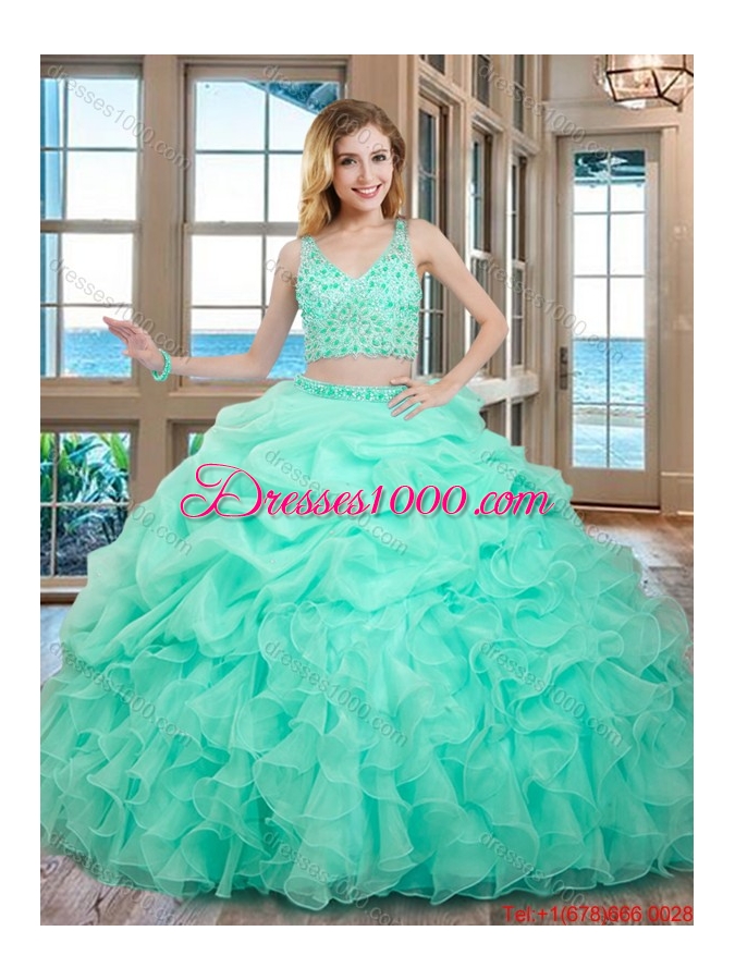 Luxurious Puffy V Neck Two Piece Mint Quinceanera Dresses with Beading and Bubbles