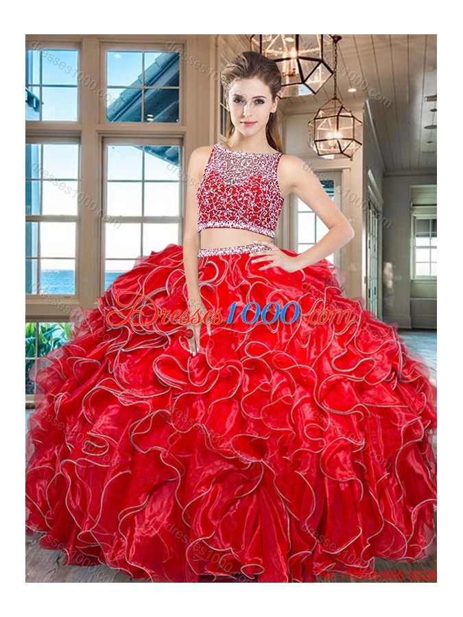 Most Popular Two Piece Side Zipper Red Quinceanera Dress in Organza