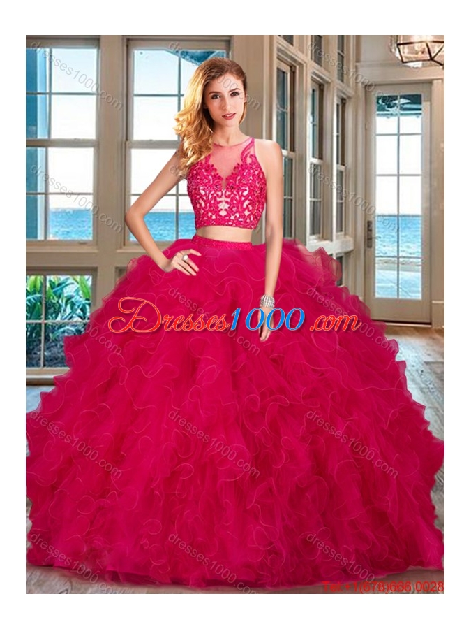 Popular Two Piece See Through Scoop Ruffled and Applique Quinceanera Dress